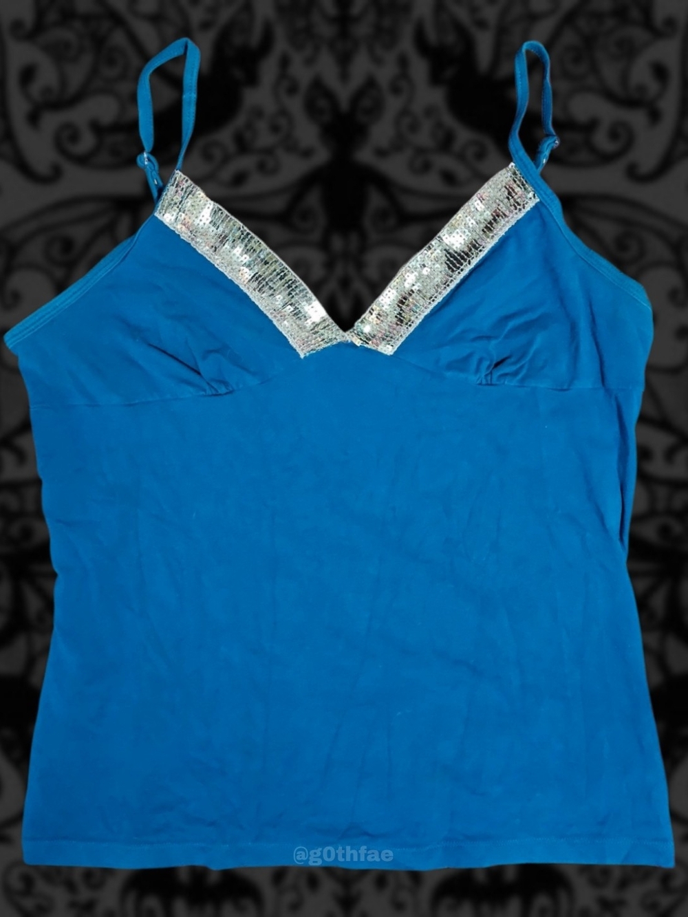 Y2K Juniors M(7/9) Blue Cami with Silver Sequin V-Neck Trim & Adjustable Straps